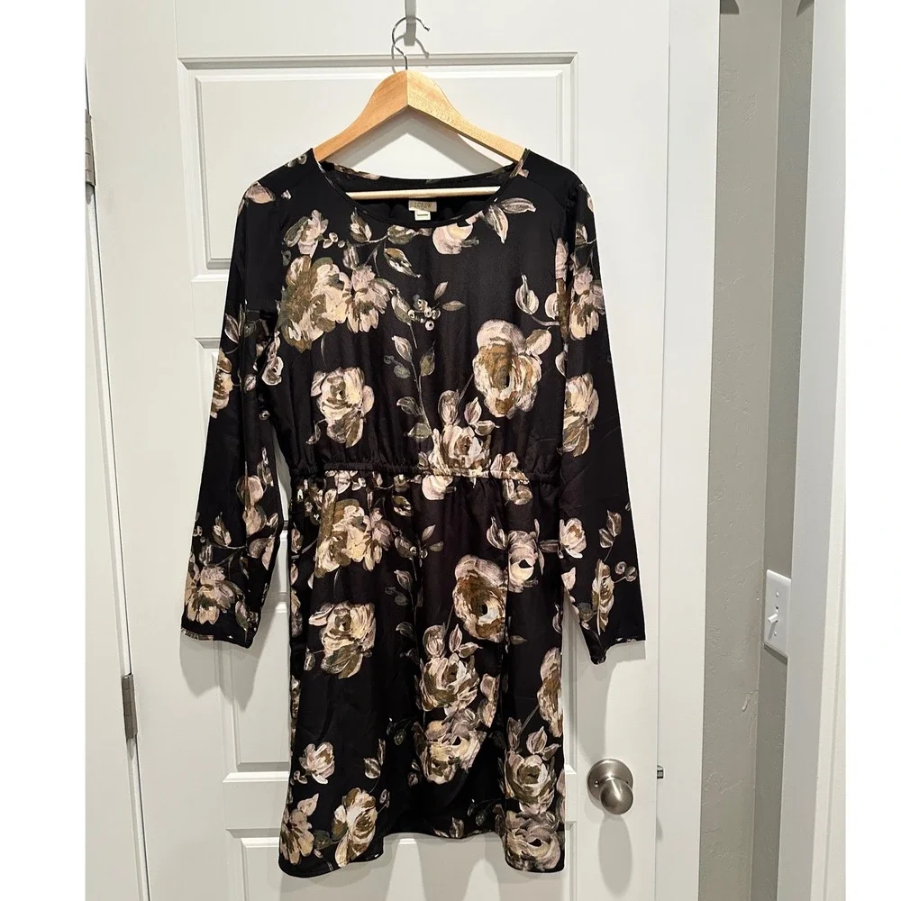 J.Crew Black Tulip Hem Dress Size 14 Floral Long Sleeve Garden Party‎ Capsule